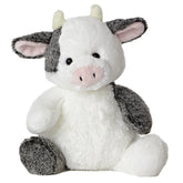 A plush cow toy from Aurora with soft white and grey fur and a cute paddle-legged design from the Sweet & Softer collection.